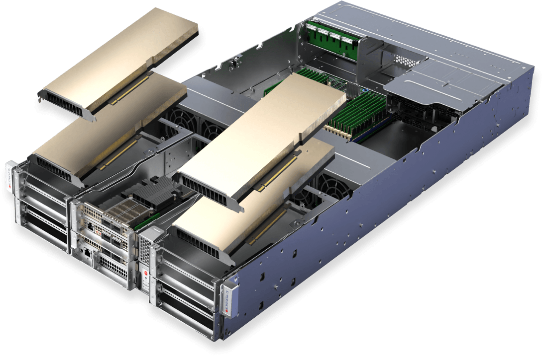 Supermicro 2U Edge AI system SYS-212GB-FNR, angled view with GPUs pulled out